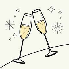 Vector art of two champagne glasses clinking together in celebration with sparkling stars and confetti