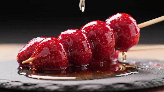 Cinematic Macro Shot of Strawberry Tanghulu with Dripping Candy Glaze