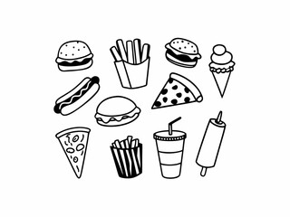 Fast food icon set handdrawn illustration vector for restaurant