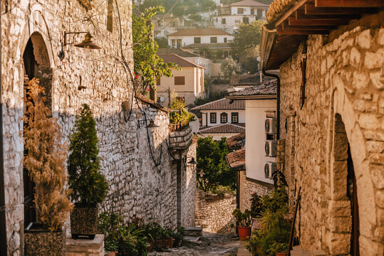 Old Cobbled Street in Mangalem District of Berat