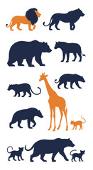 Diverse collection of wild animal silhouettes featuring lions bears giraffes and felines in various poses