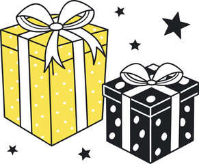 Vector art of two gift boxes, one yellow with polka dots and one black with polka dots, tied with white ribbon