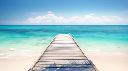 Fototapeta premium Seaside Wooden Pier Leading to Turquoise Ocean with White Sands and Clear Sky