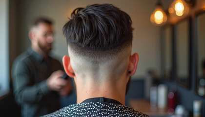 Man showing off fresh haircut from back while barber talks in salon  