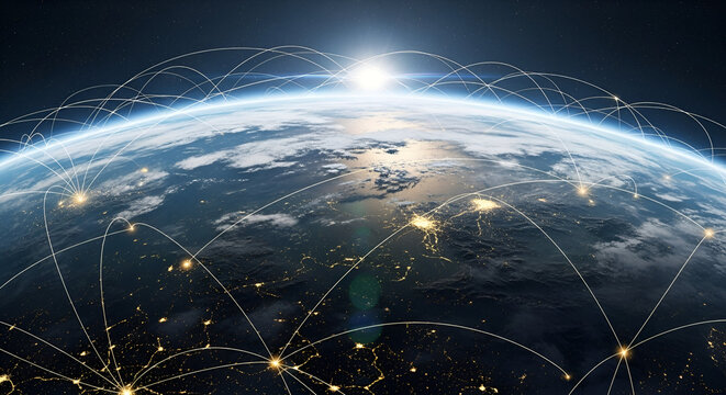 Global interconnectedness displayed through digital network over illuminated earth