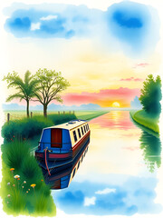 Watercolour painting of Beautiful Summer dawn sunrise landscape of barge long boat on canal