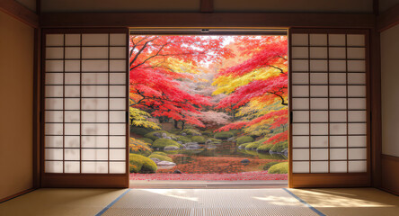 日本家屋の和室から眺める紅葉