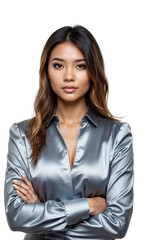 A dynamic female leader in a silver blouse, standing amidst futuristic projections of success, symbolizing her innovation and resilience