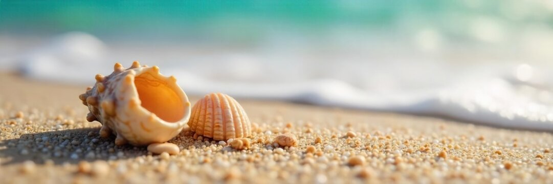 Close-up of seashells on a sandy beach, gentle waves lapping, conveying serenity and peaceful auditory imagery Perfect for relaxation, meditation, and spa themes , ears, ambient, therapeutic
