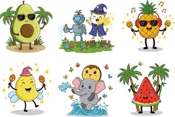 Cartoon fruit, cute animals, tropical party, robot watering flowers, wizard cat, joyful characters, kids illustration, fun