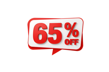 Red and white 65% off discount badge with dynamic design, isolated on transparent background for sales, promotions, and special offers