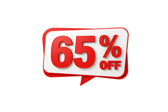 Red and white 65% off discount badge with dynamic design, isolated on transparent background for sales, promotions, and special offers