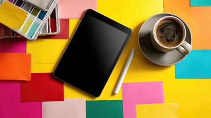Modern Workspace with Tablet, Coffee, Color Swatches, and Pen on Vibrant Background