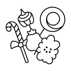 Collection of festive holiday sweets and treats in a simple line drawing style