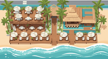 Naklejka premium Stylish beach resort and bar perfect for vacation getaways with palm trees and ocean views
