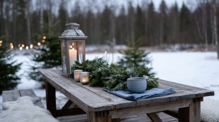 Cozy winter outdoor table setting with lanterns and greenery in snowy forest.