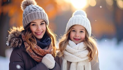 Fototapeta premium Two young girls beaming with happiness, warmly dressed in winter attire, enjoying a beautiful snowy day