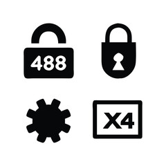 Set of four black icons including a padlock with numbers a padlock with a keyhole a gear and a square with x4