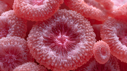 A microscopic image of a red coralline algae, showing its distinctive calcified, crusty texture and complex cellular structure. 
