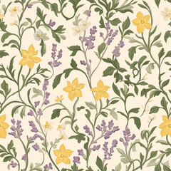 Vintage Floral Seamless Pattern with Lavender and Yellow Wildflowers. Elegant Botanical Wallpaper Design in an Victorian English Country Garden Style.