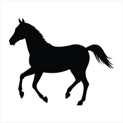 Black silhouette of a horse in motion against a white background