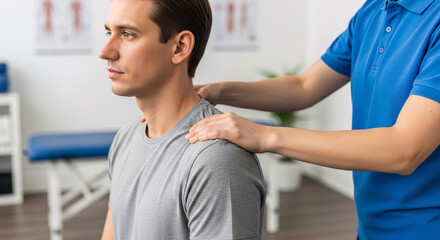 A physical therapist gently massages a patient's shoulder and neck area, focusing on rehabilitation and pain relief in a clinical setting.