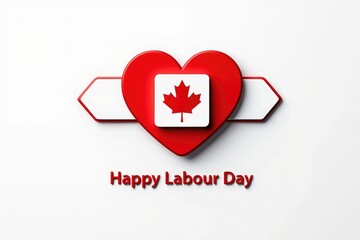 Red heart with Canadian maple leaf and white arrows celebrating Happy Labour Day on white background