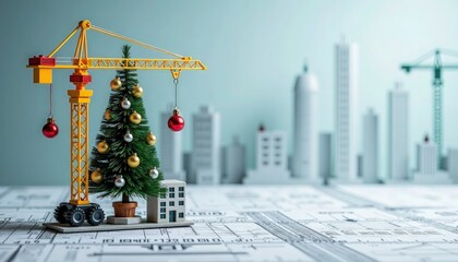 Miniature tower crane decorates christmas tree with red and gold baubles on architectural blueprints, small building model in foreground, city skyline background, construction industry holiday concept