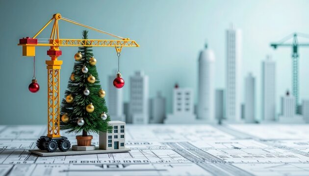 Miniature tower crane decorates christmas tree with red and gold baubles on architectural blueprints, small building model in foreground, city skyline background, construction industry holiday concept