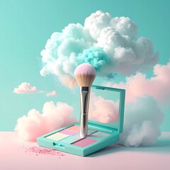 makeup brush and palette releasing fluffy, colorful clouds in a surreal pastel dreamscape