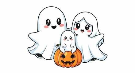 Fototapeta premium Adorable cartoon ghost family celebrating Halloween with a pumpkin.