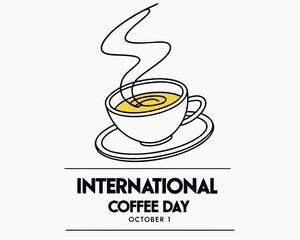 Vector art of international coffee day celebration with a steaming cup of coffee and saucer