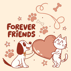 Playful Puppy and Kitten Cartoon Poster with Heart – Fun Animal Doodle Design