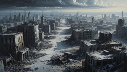 A desolate, gray cityscape of ruined structures, showcasing a post-apocalyptic setting under a dramatic sky.