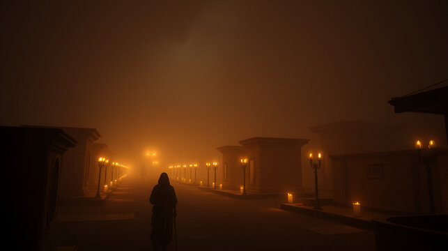 The ninth plague of Egypt: the land cloaked in eerie darkness, faint torchlight along desolate streets creating a surreal atmosphere