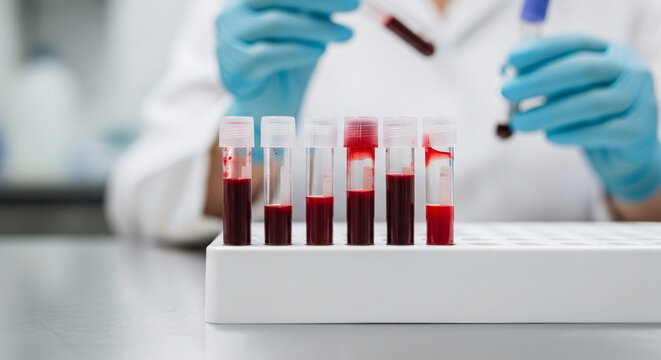 A scientist in blue gloves carefully handles blood samples in test tubes within a laboratory setting, showcasing medical research.
