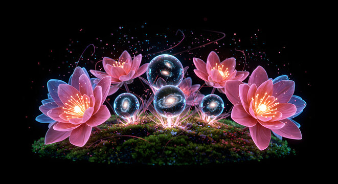 Ethereal blossom and cosmos sphere composition creating a mystical and enchanting atmosphere full of digital elements, - Powered by Adobe