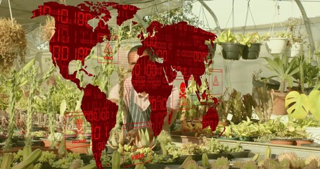 Gardener entering greenhouse examining and adjusting plants with cybersecurity overlay for display - Powered by Adobe