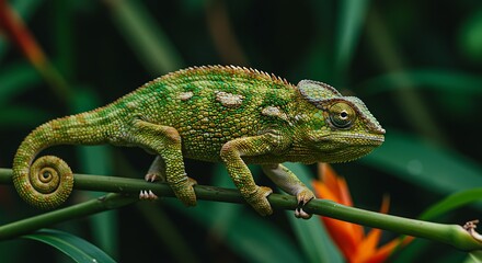 Naklejka premium A close-up shot of a vibrant green chameleon gracefully perched on a slender branch, its intricate scales and coiled tail showcasing the animal's captivating detail.