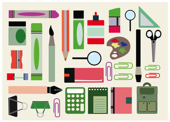 Set of school stationary supplies. Back to school set. Children's subjects. Vector illustration. School stuff vector set. Supplies for office and education. Accessory for teachers and children.
