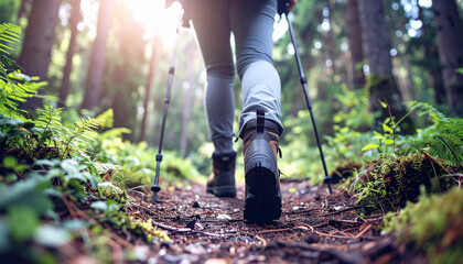 Hiking boot on forest trail with trekking poles in sunlight creates carbon neutral tourism experience full of nature and adventure for outdoor enthusiasts
