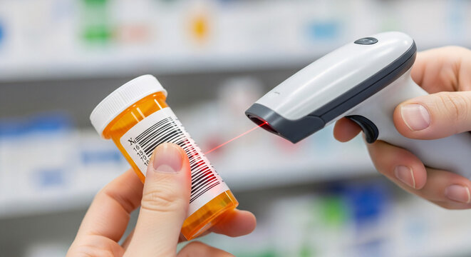 Close-up of hands scanning a prescription medication bottle with a barcode reader in a pharmacy setting. - Powered by Adobe