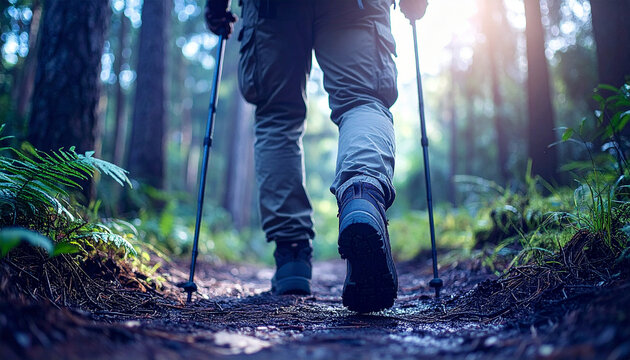 Hiking in forest trail promotes carbon neutral tourism by encouraging eco friendly exploration and connection with nature while using trekking poles for support and stability