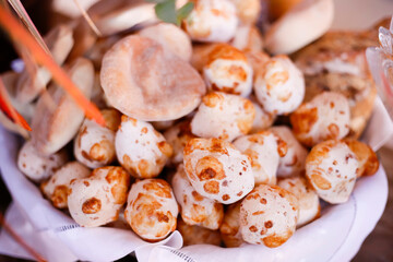 Close-up of fresh cheese bread and artisanal breads