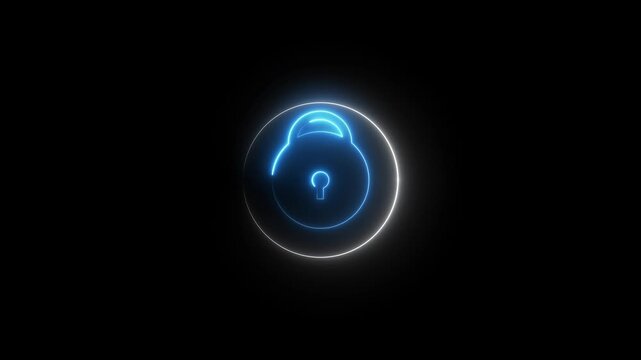 Neon security lock animation. Protection safety security lock icon.