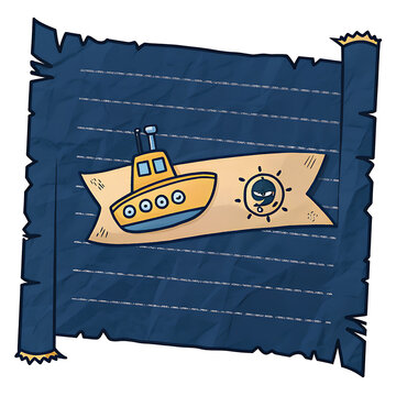 The Navy Blue colour paper, rough in texture and lined with creases, appears torn into an uneven banner-like form with sharp edges. Vintage  Ship centre of image Design pattern