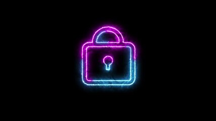 Neon security lock animation. Protection safety security lock icon.