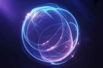 Ethereal glowing orb with intertwined blue and purple light streaks against a dark background