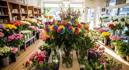 Colorful Flower Shop Display with Fresh Bouquets.