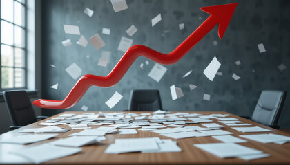 Red arrow symbolizing growth or success rises above conference table covered with scattered papers, suggesting dynamic business progress. scene conveys sense of movement and achievement